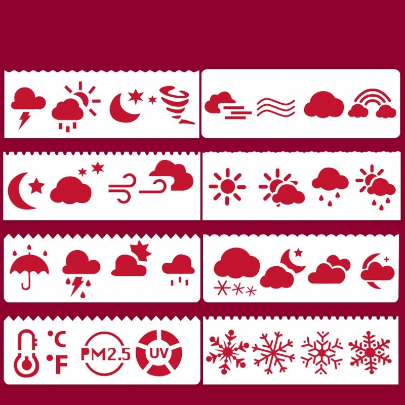 8Pcs/Set 17*6cm Weather Cloud Snow DIY Layering Stencils Wall Painting Scrapbook Coloring Embossing Album Decorative Template
8Pcs/Set 17*6cm Weather Cloud Snow DIY Layering Stencils Wall Painting Scrapbook Coloring Embossing Album Decorative Template