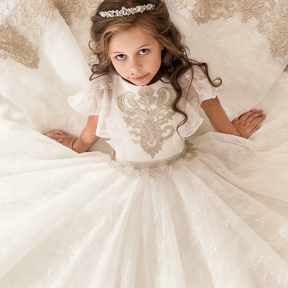 Elegant Gold Lace Appliques flower girl dresses for weddings Short Sleeves Kids Ball Gown first communion girls AB05 | Свадьбы и