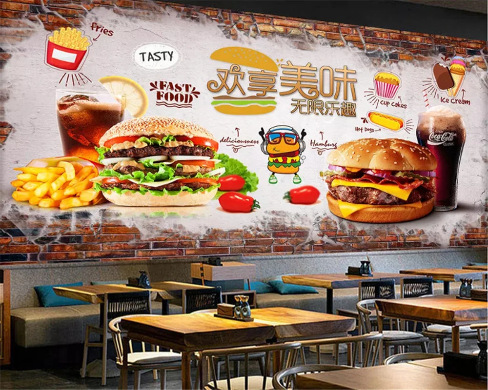 

beibehang Custom size Hand painted classic brick wall paper delicious burger fast food restaurant tooling background wallpaper