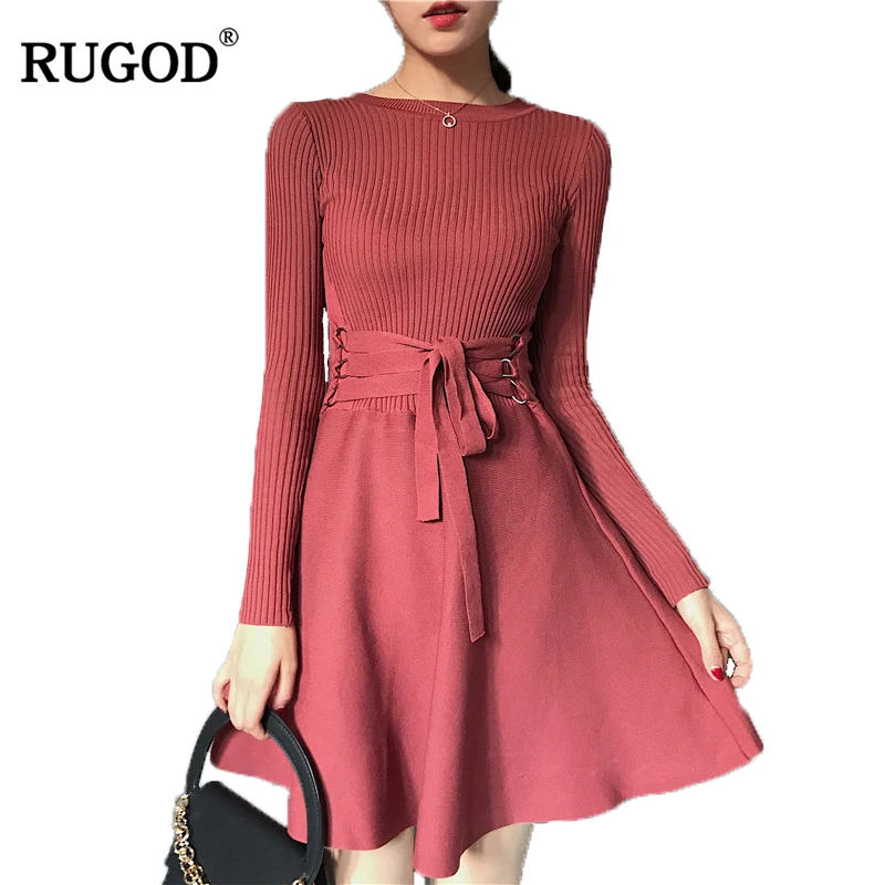 RUGOD/элегантное Однотонное Платье-туника с поясом Женские стильные платья круглым