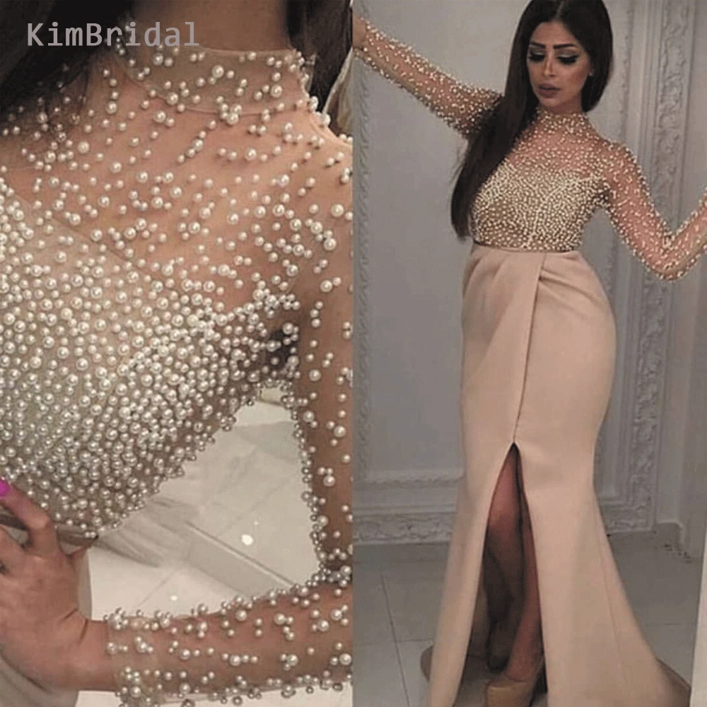 Champagne Prom Dresses 2019 High Neck Pearls Mermaid Side Slit Mermaid Evening Dresses Arabic
Champagne Prom Dresses 2019 High Neck Pearls Mermaid Side Slit Mermaid Evening Dresses Arabic