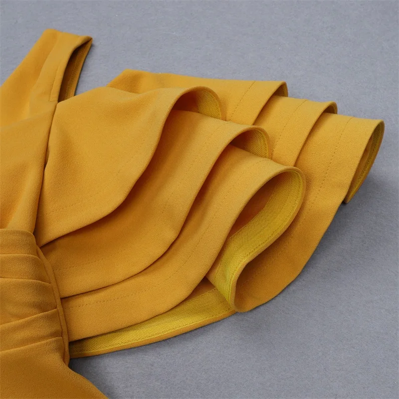 

Beateen 2019 New Plunge V Neck Strapless Shoulder Cascading Frill Sleeve Slit Party Elegant Woman Bodycon Midi Dress Yellow