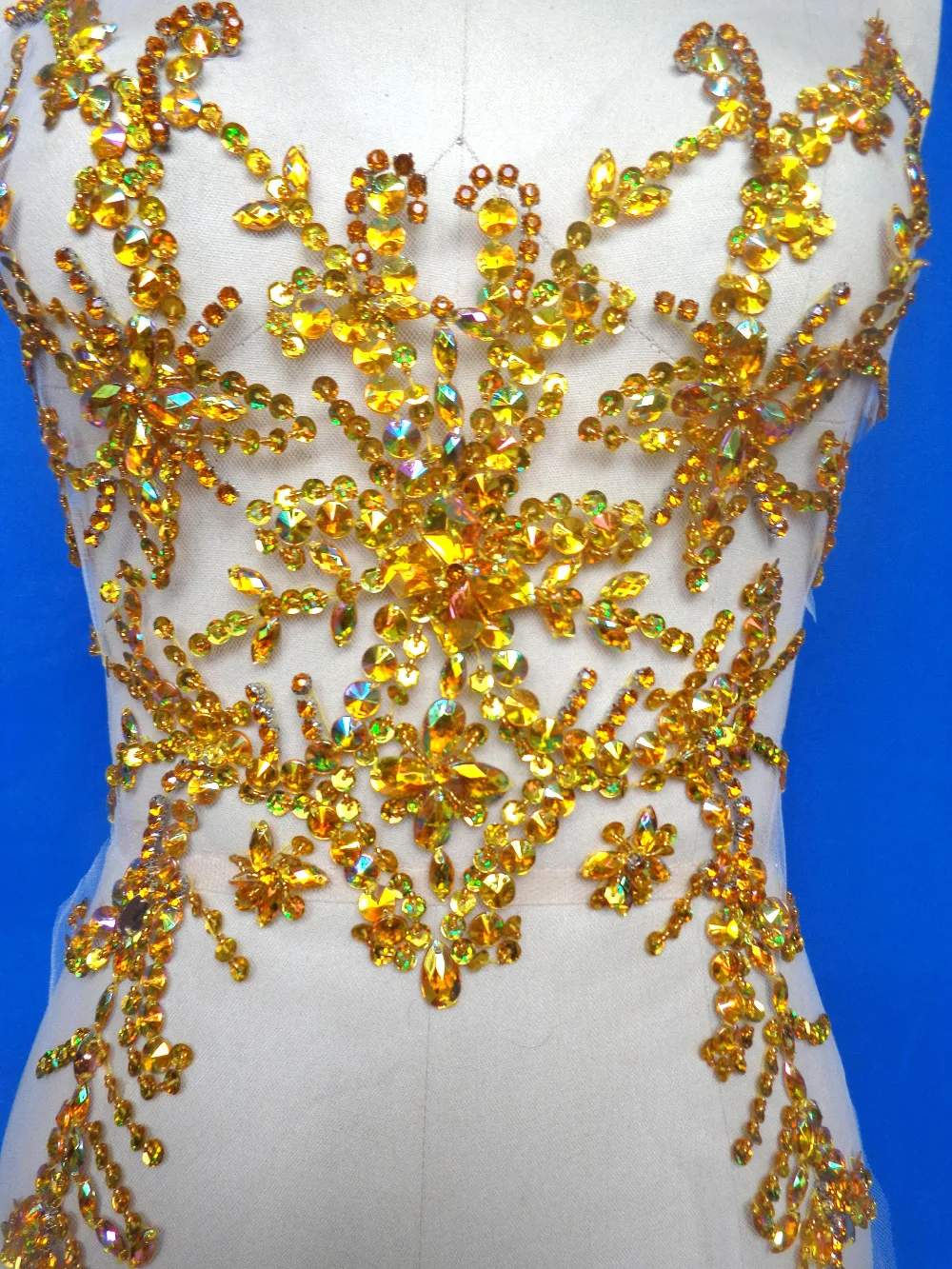 

Pure hand made dazzling golden sew on Rhinestones applique trim sequins crystals patches 49*31cm dress accessory