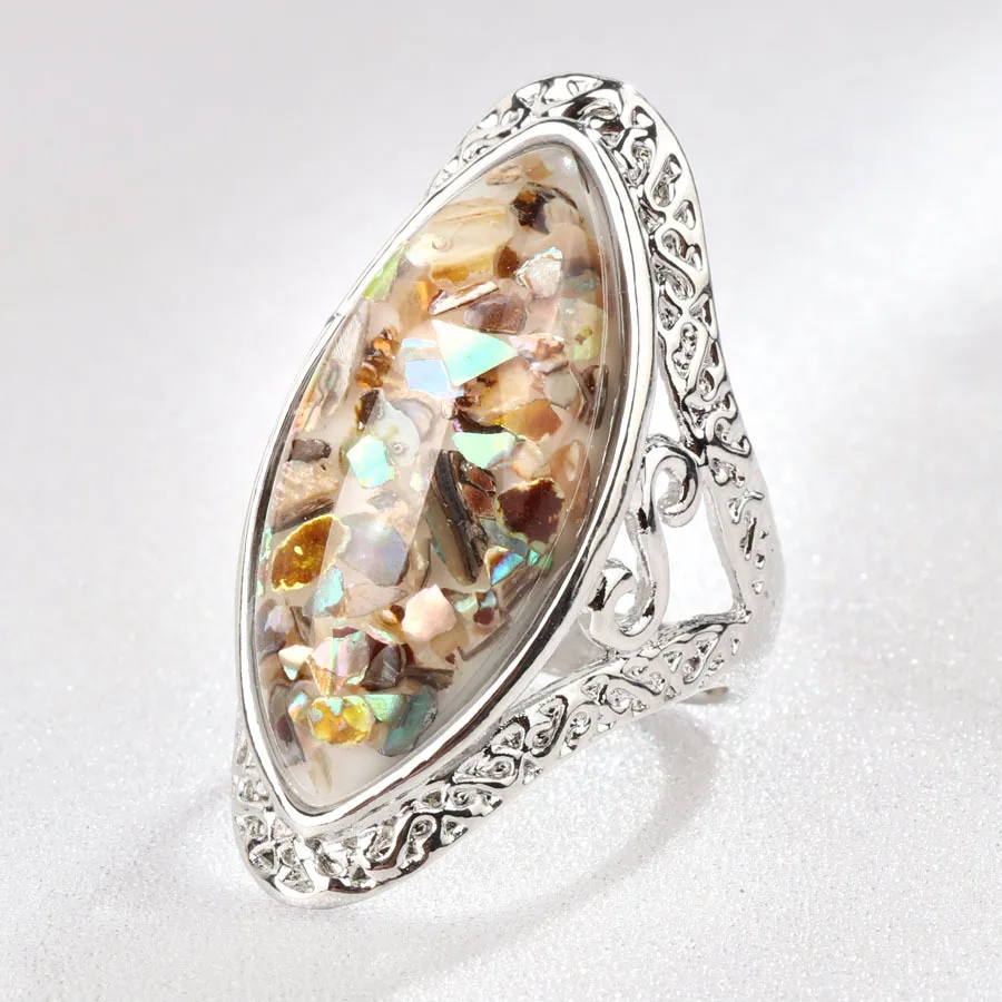 4 Color Vintage Antique silver colorful Big Oval Shell Finger Ring Band For Women Female Statement Boho Beach Jewlery | Украшения и