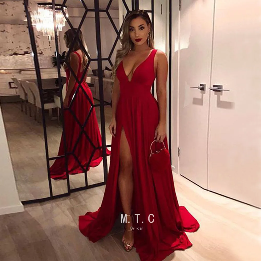 Sexy Red Dress Evening Long 2019 High Slit A Line V Neck Elastic Satin Backless Prom Gowns Robe De Soiree Charming Party Dresses
Sexy Red Dress Evening Long 2019 High Slit A Line V Neck Elastic Satin Backless Prom Gowns Robe De Soiree Charming Party Dresses