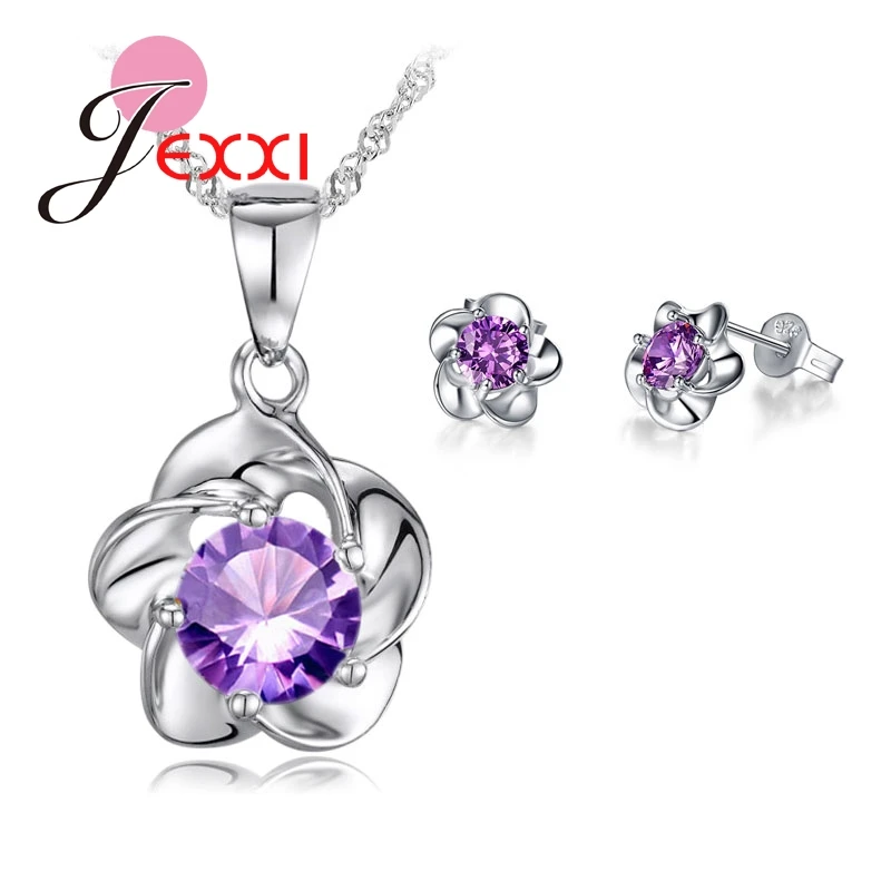 Luxury Classic 925 Sterling Silver Rose Flower Necklace Purple Cubic Zirconia Stud Earrings Bride Wedding Jewelry Sets
Luxury Classic 925 Sterling Silver Rose Flower Necklace Purple Cubic Zirconia Stud Earrings Bride Wedding Jewelry Sets