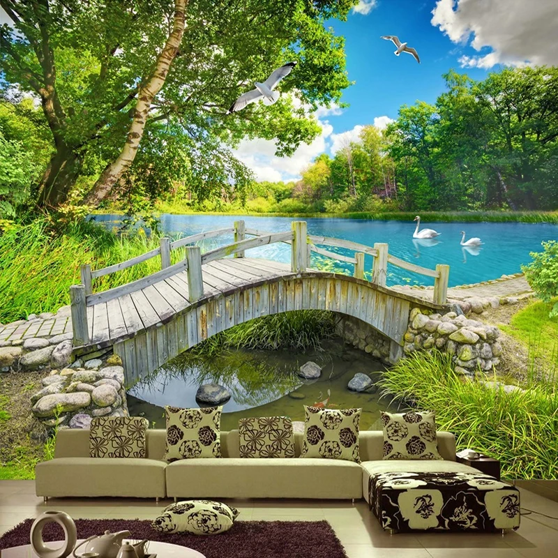 

Custom Wall Mural Wall Papers Home Decor Small Bridge Lake Water 3D Nature Landscape Photo Background Wall Painting Wallpaper