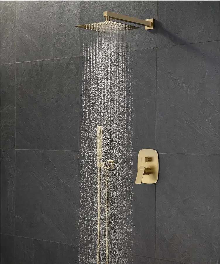 Brushed Gold All brass Bathroom Shower Set 8 Inch Rainfall Head Faucet Wall Mounted Arm Mixer Diverter | Обустройство