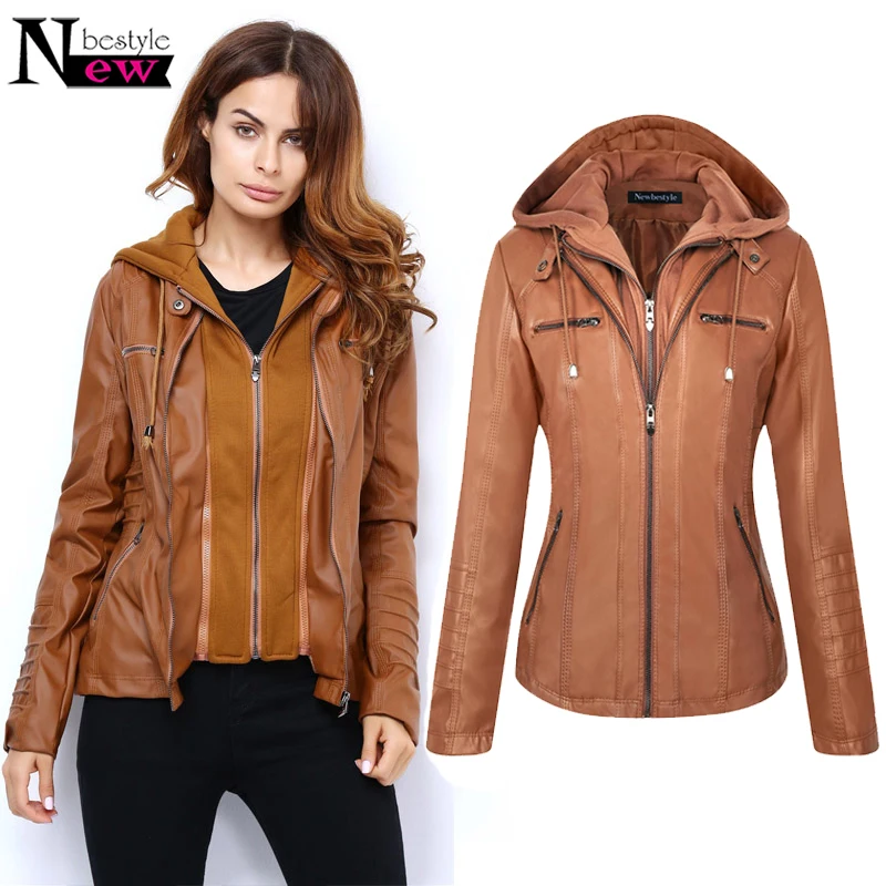 Newbestyle Hooded Faux Leather Jacket Women Zipper Motorcycle Leather Coat Women Hat Detachable Slim Fit Jackets Chaqueta Mujer
Newbestyle Hooded Faux Leather Jacket Women Zipper Motorcycle Leather Coat Women Hat Detachable Slim Fit Jackets Chaqueta Mujer