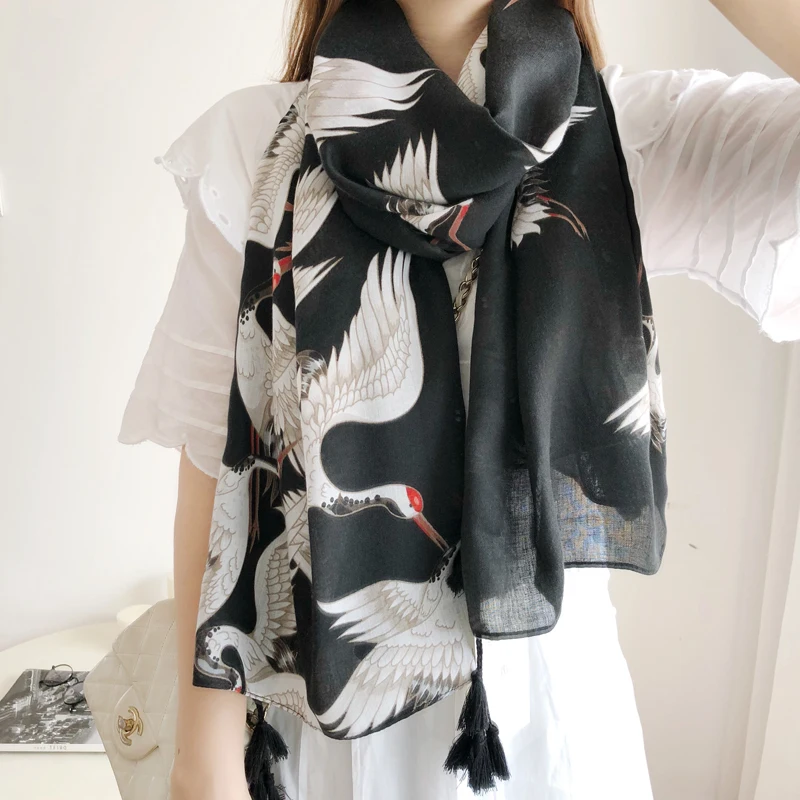 Women Spring Autumn White Crane Printed Big Size Ladies Travel Shawl Long Cotton Feeling Black Scarf Animal Print With Tassel
Women Spring Autumn White Crane Printed Big Size Ladies Travel Shawl Long Cotton Feeling Black Scarf Animal Print With Tassel