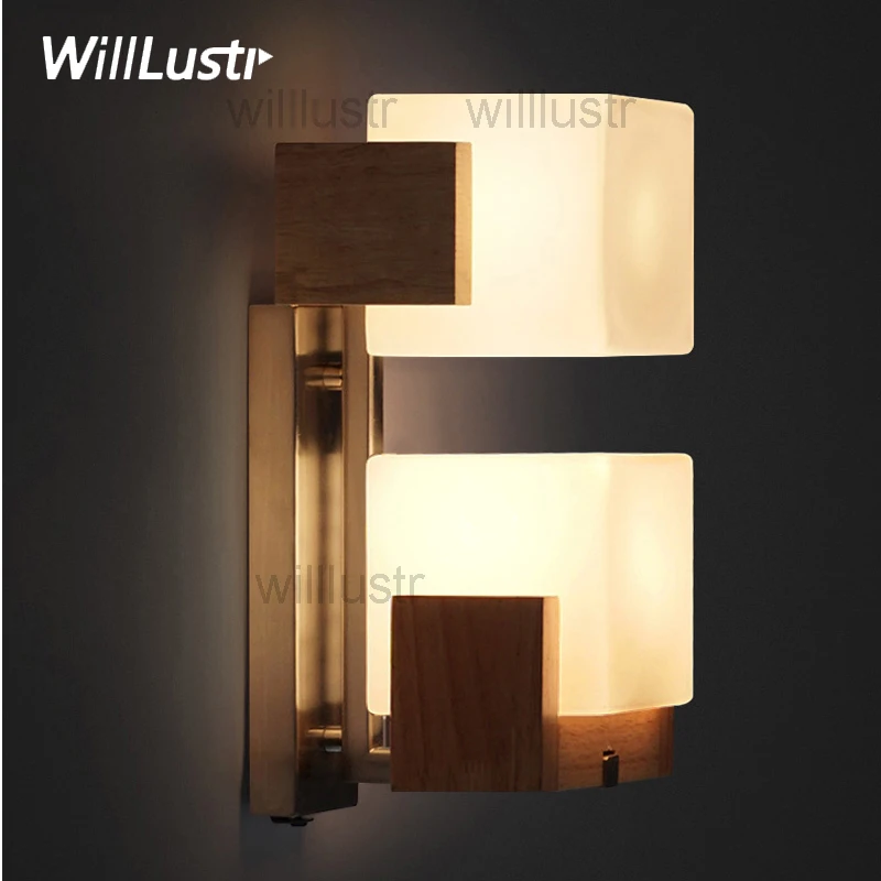 

Willlustr Cubi Wall sconce glass Lamp wood base cubic design Modern light hotel restaurant doorway porch vanity lighting novelty