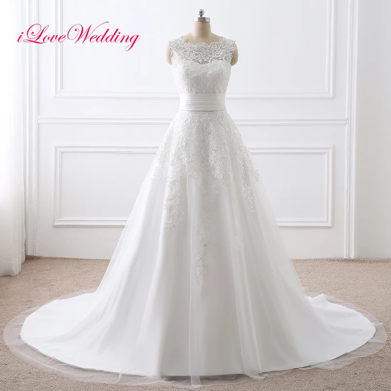 

2020 Two Pieces Wedding Dress Lace Appliqued Scoop Neckline Short Bridal Gown With Removable Train Sleeveless Vestido De Noiva