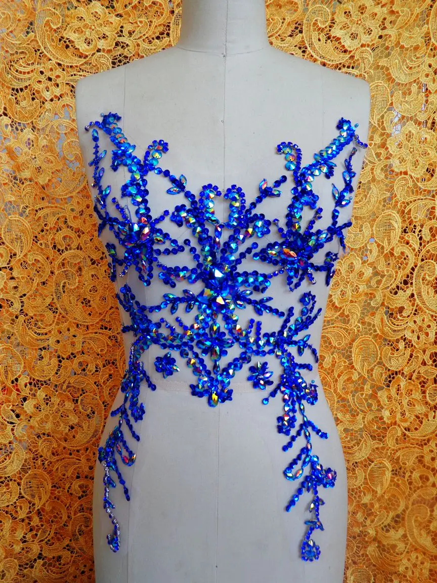 

Pure hand made dazzling deep blue sew on Rhinestones applique crystals patches 49*31cm dress accessory