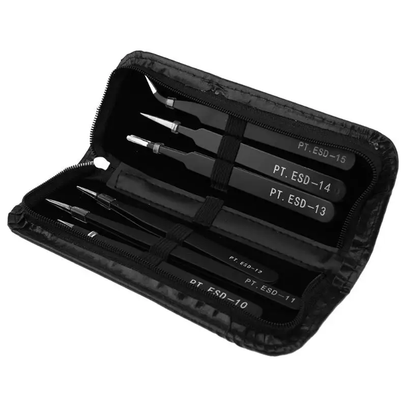 6Pcs/Set Tweezers Tool ESD 10-15 Safe Anti-static Stainless Steel Soldering Tweezers Tools Set for Soldering Station with Bag
6Pcs/Set Tweezers Tool ESD 10-15 Safe Anti-static Stainless Steel Soldering Tweezers Tools Set for Soldering Station with Bag