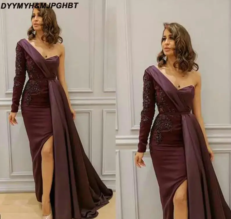 Purple Evening Dresses One Shoulder Long Sleeve Lace Appliques Sashes Beading Sequins Arabic Long Evening Gowns
Purple Evening Dresses One Shoulder Long Sleeve Lace Appliques Sashes Beading Sequins Arabic Long Evening Gowns