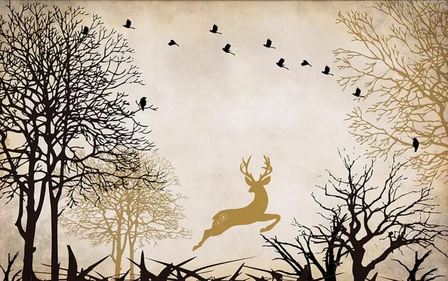 3d росписи на заказ обои с изображением лесных птиц и оленей для гостиной