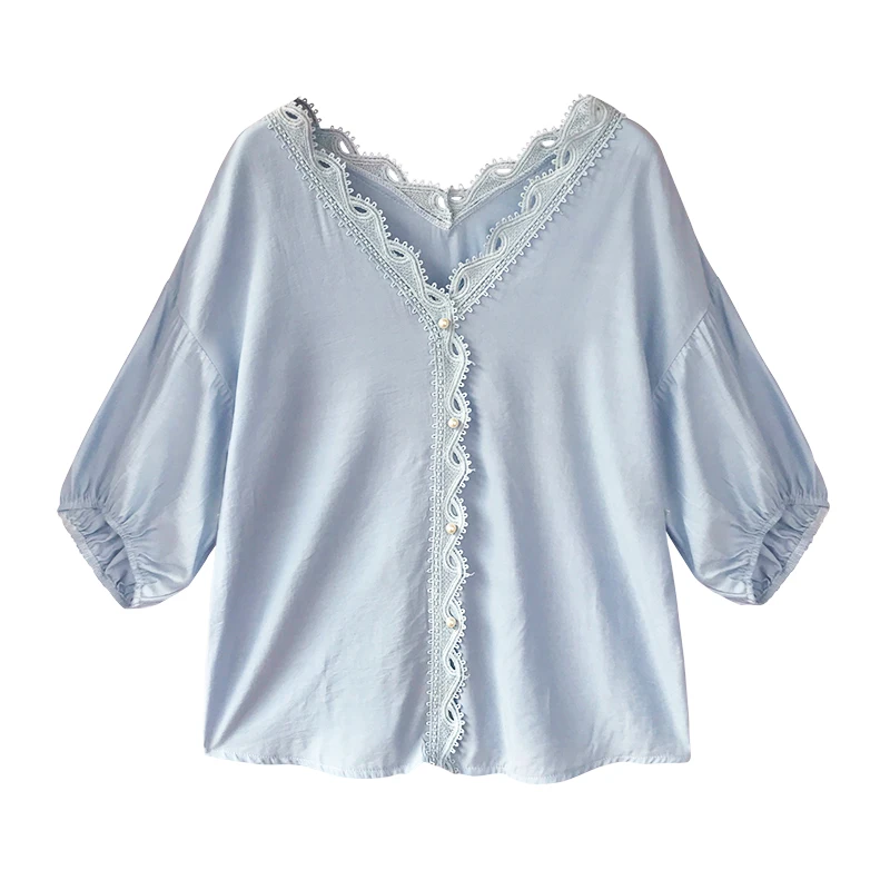 PERHAPS U Women Blue Solid Chiffon V Neck Lace 3/4 Three Quarter Lantern Sleeve Shirt Blouse Casual Summer B0061
PERHAPS U Women Blue Solid Chiffon V Neck Lace 3/4 Three Quarter Lantern Sleeve Shirt Blouse Casual Summer B0061