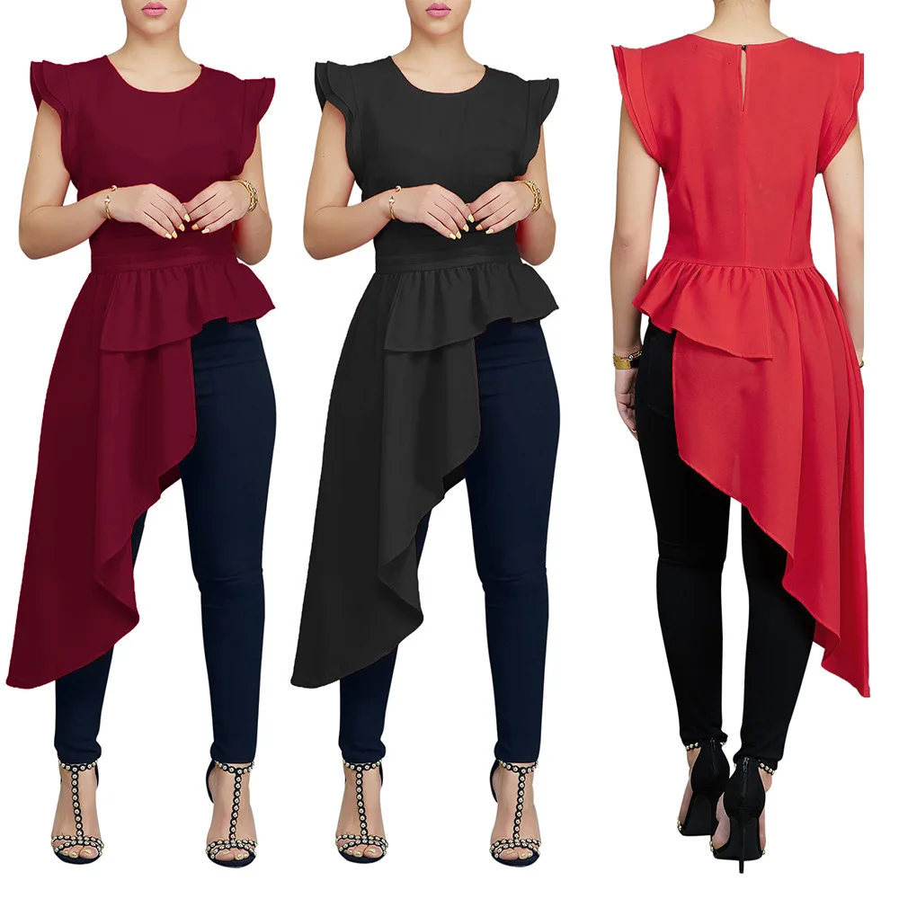 Women's tops sexy asymmetric Blouses & Shirts ruffles hem sleeve black red wine red color summer casual shirt for ladies
Women's tops sexy asymmetric Blouses & Shirts ruffles hem sleeve black red wine red color summer casual shirt for ladies