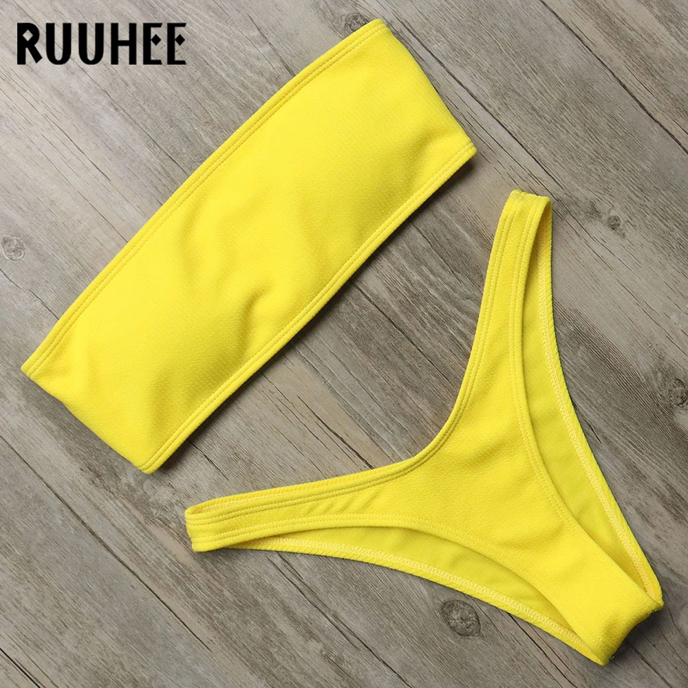 Женский купальник бикини RUUHEE однотонный бандо с ремешком на спине для
