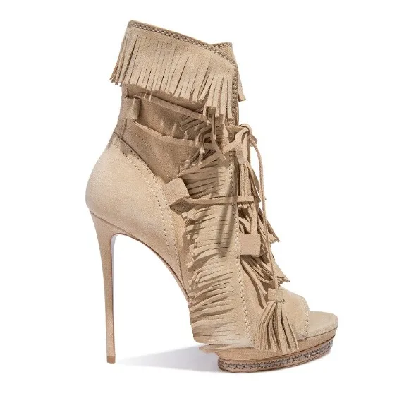 Summer Beige Suede Fringed High Heel Ankle Boots Open toe Lace-up Ankle Boots Summer Fashion Tassel Gladiator Sandal Boots
Summer Beige Suede Fringed High Heel Ankle Boots Open toe Lace-up Ankle Boots Summer Fashion Tassel Gladiator Sandal Boots