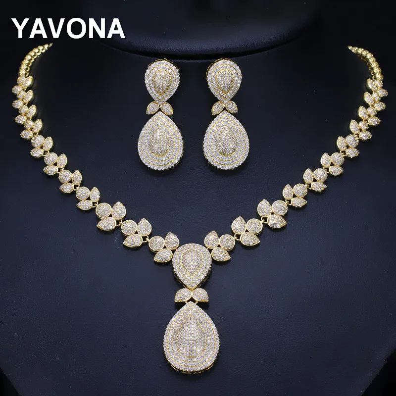 Yavona ЗОЛОТО DIAMANTE CZ кубический цирконий Цепочки и ожерелья Серьги комплект