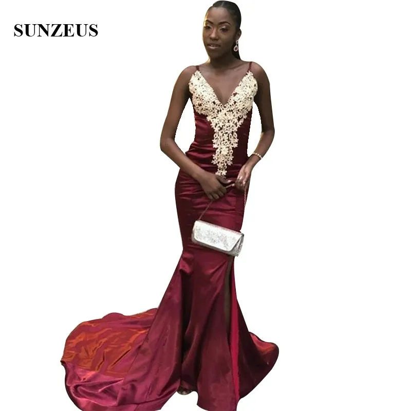 Gold Appliques Burgundy Prom Dresses 2022 Spaghetti Straps V-neck Mermaid Women Long Gowns For Party Satin Formal Wear
Gold Appliques Burgundy Prom Dresses 2022 Spaghetti Straps V-neck Mermaid Women Long Gowns For Party Satin Formal Wear