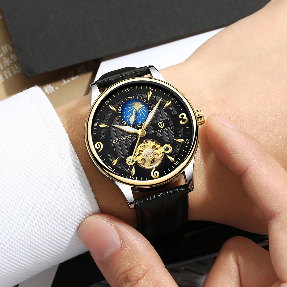 Fashion Brand Tevise Men's Watch Automatic Mechanical Watch Classic Leather Strap Moon Phase Tourbillon Business Clock Relogio
Fashion Brand Tevise Men's Watch Automatic Mechanical Watch Classic Leather Strap Moon Phase Tourbillon Business Clock Relogio