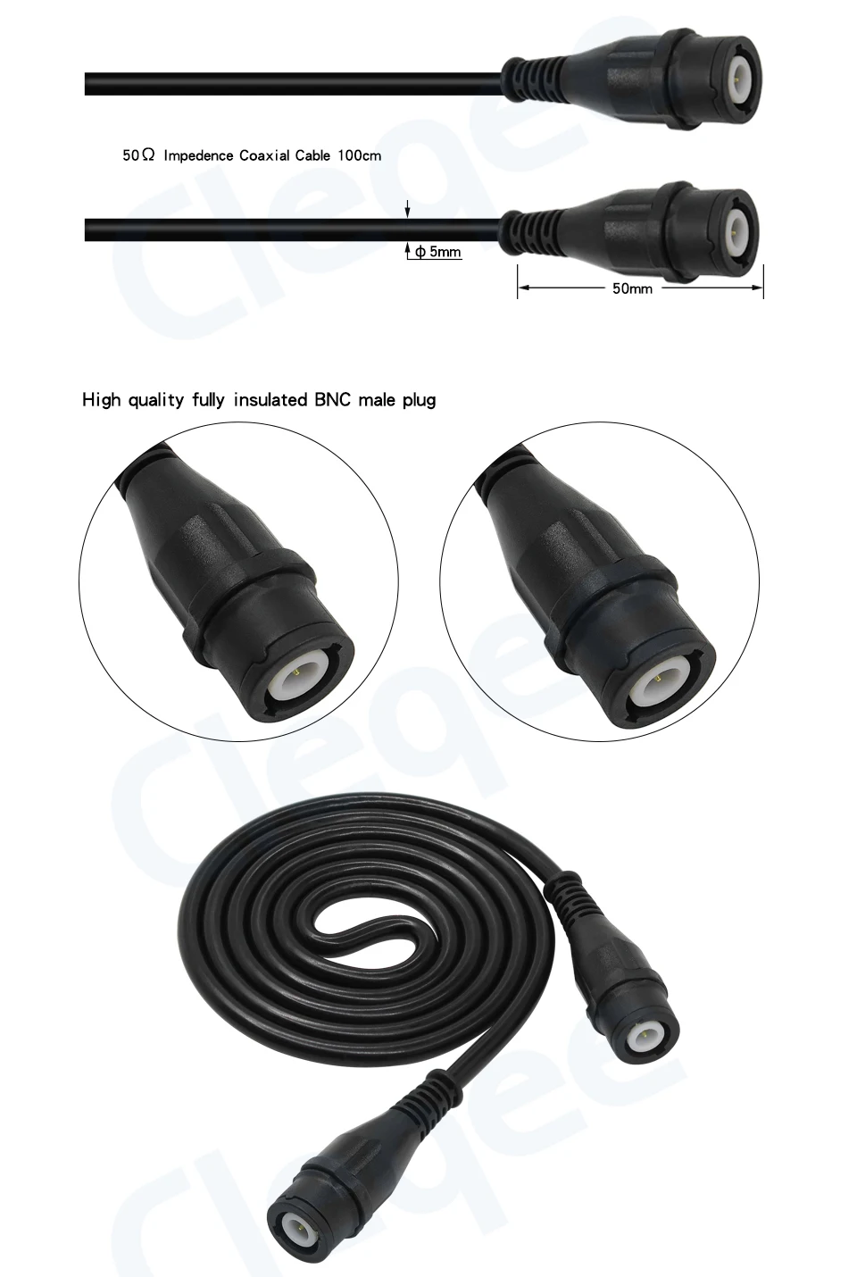 Cleqee P1202 BNC male plug to BNC male plug Coaxial Cable Oscilloscope Test Lead 100CM BNC-BNC