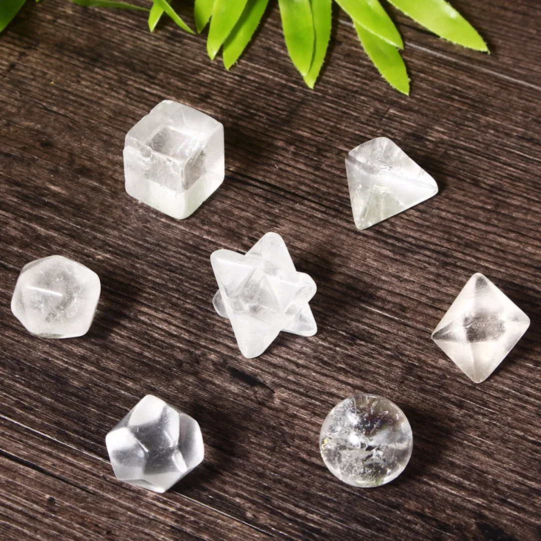

7pcs Clear Quartz Platonic Solids Sacred Geometric Set Meditation Crystal Gifts