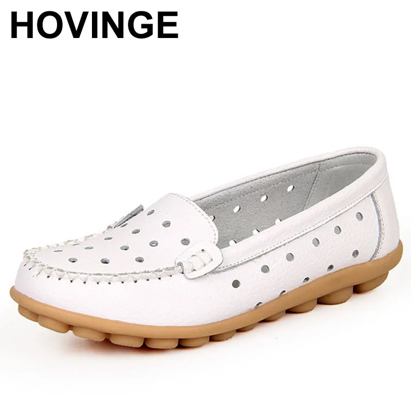 

HOVINGE New Summer plus size Women cutouts Genuine Leather Mom shoes Comfortable Sewing Buckle Flats Nurse Casual ballet flats
