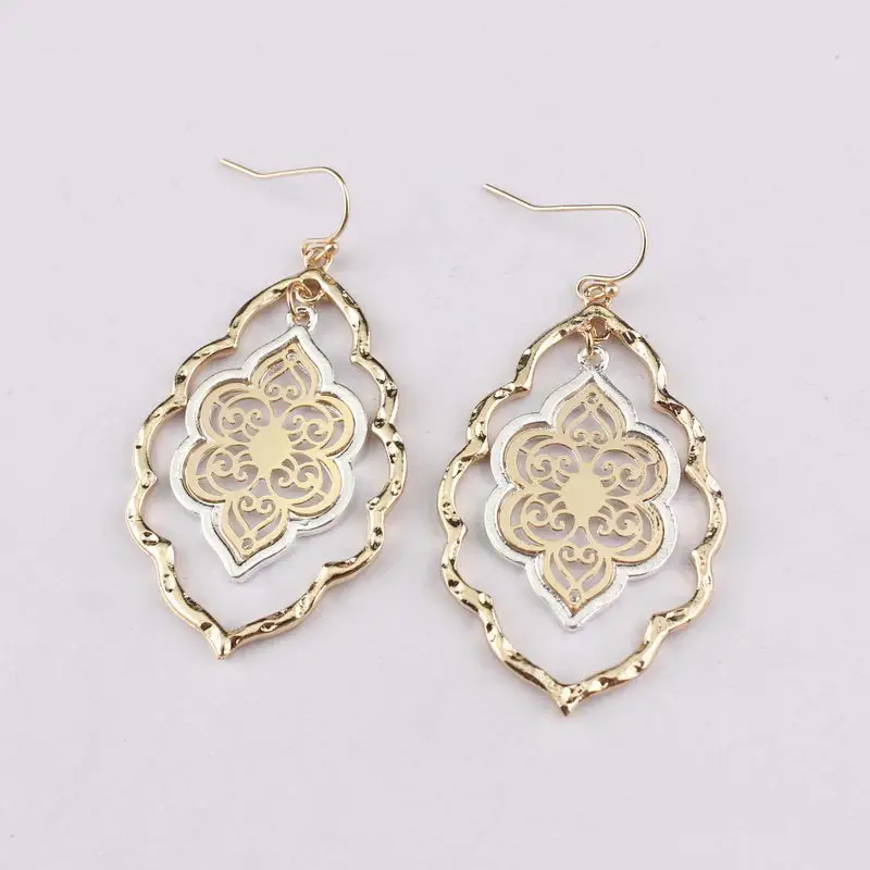 

Worn Gold and Silver Color Metal Morocco Dangle Drop Earrings for Women Cut Out Filigree Magnolia Teardrop Statement Earrings