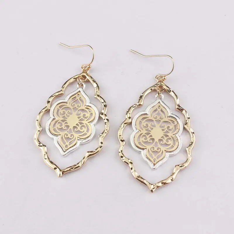 Worn Gold and Silver Color Metal Morocco Dangle Drop Earrings for Women Cut Out Filigree Magnolia Teardrop Statement Earrings
Worn Gold and Silver Color Metal Morocco Dangle Drop Earrings for Women Cut Out Filigree Magnolia Teardrop Statement Earrings