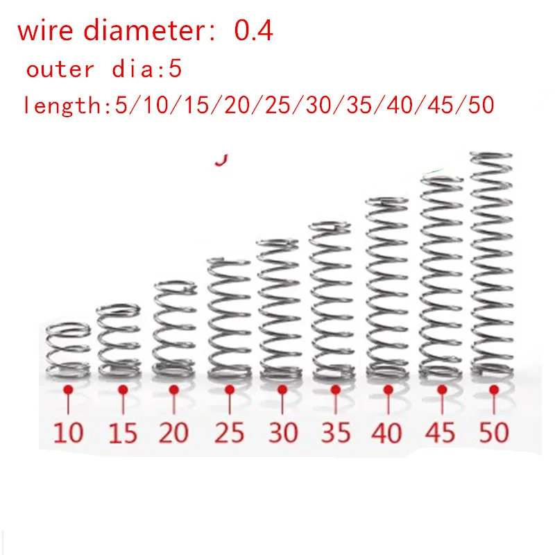 20pcs/lot 0.4mm 0.4x5mm Stainless steel compression spring wire diameter 0.4mm outer diameter 5mm length 5-50mm
20pcs/lot 0.4mm 0.4x5mm Stainless steel compression spring wire diameter 0.4mm outer diameter 5mm length 5-50mm