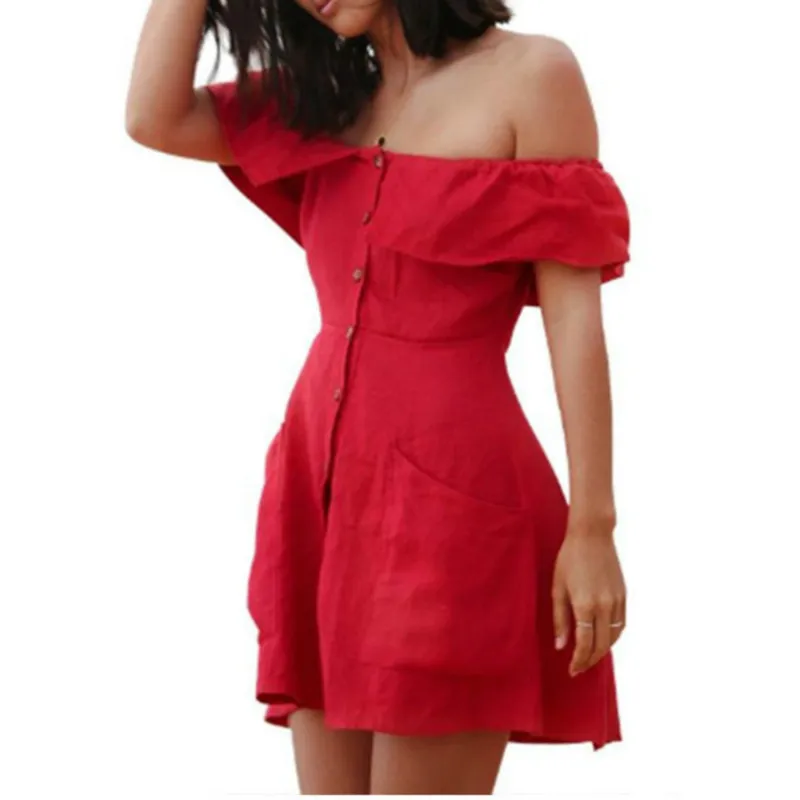 Loneyshow 2018 летнее платье с вырезом лодочкой сексуальные кнопки открытыми плечами