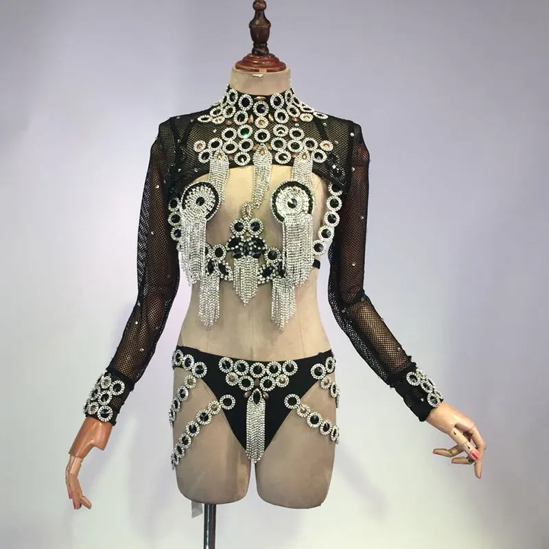 Sexy Black mesh Bikini Women Costume Rhinestone crystal tassel Nightclub Bar Stage Outfits Model Catwalk Samba Carnival Wear
Sexy Black mesh Bikini Women Costume Rhinestone crystal tassel Nightclub Bar Stage Outfits Model Catwalk Samba Carnival Wear