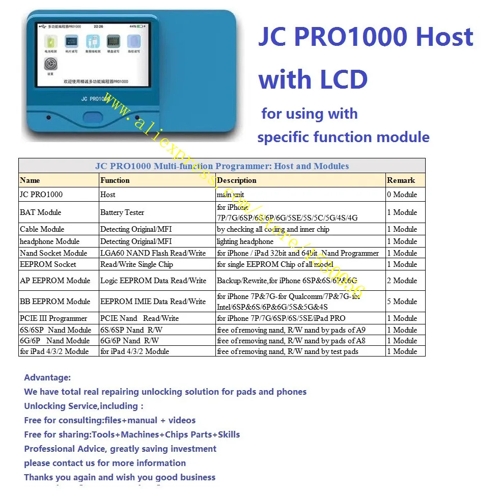JC PRO1000 for iPhone baseband eeprom imei read/write,for iPhone iPad nand programmer,battery tester,data cable detecting
JC PRO1000 for iPhone baseband eeprom imei read/write,for iPhone iPad nand programmer,battery tester,data cable detecting