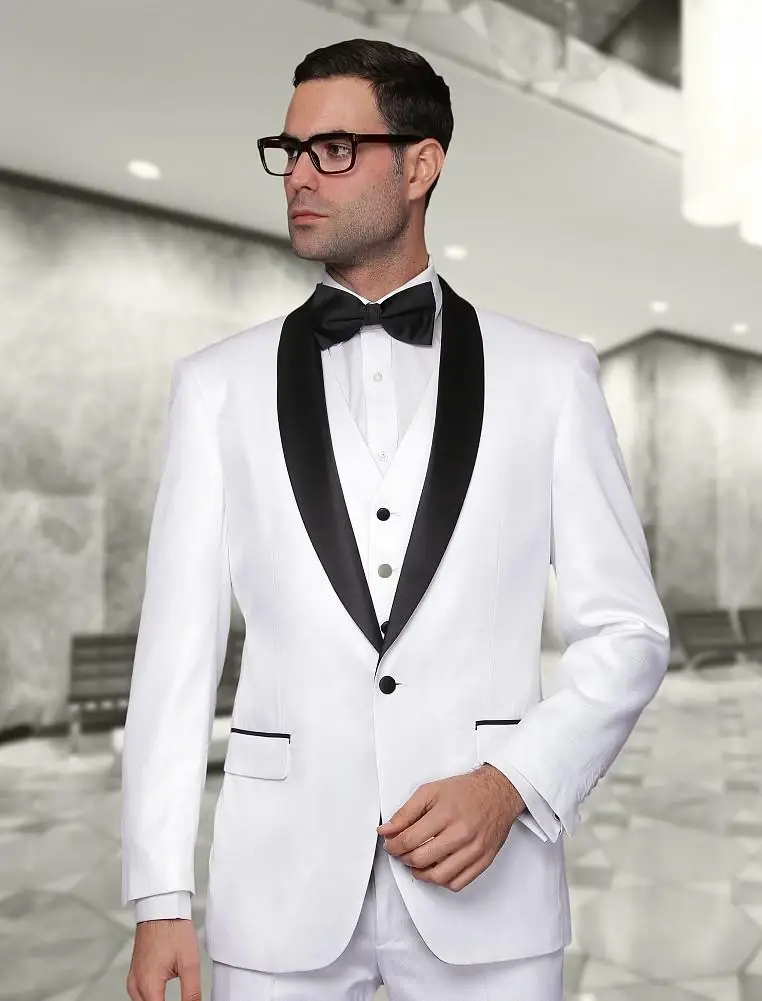 Slim Fit смокинг жениха Белый Groomsmen шаль черный отворот Свадьба/ужин Костюмы Best