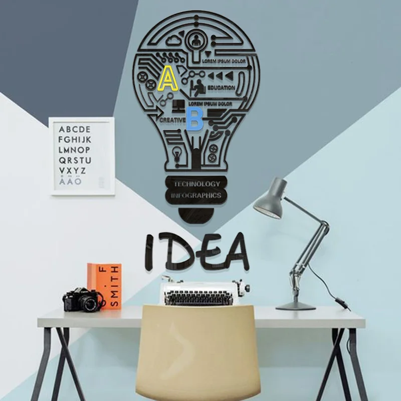 Idea Light Bulb Design Acrylic Stickers Customized DIY Wall Sticker Study Room Book Store Office Decorations | Дом и сад