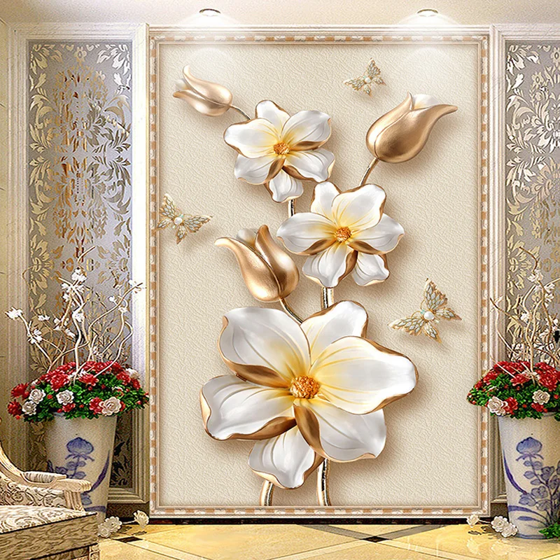 

3D Stereoscopic Luxury Gold Flower Jewelry Photo Mural Wallpaper European Style Hotel Living Room Entrance Backdrop Wall Papers