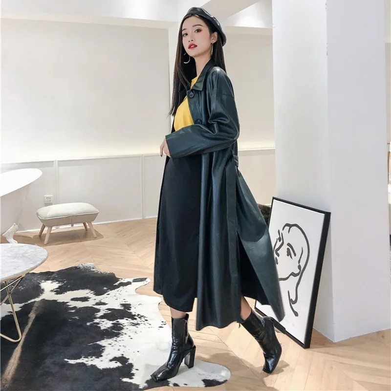 LANMREM/Новинка 2018 года модная длинная куртка из искусственной кожи в стиле ретро