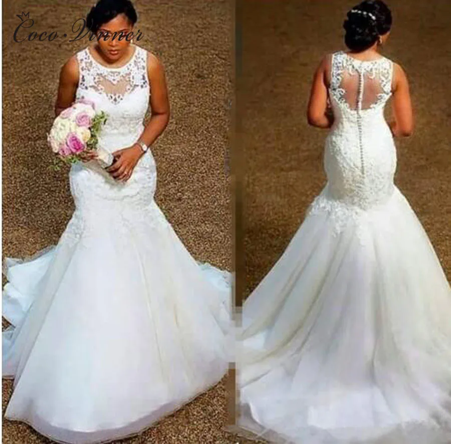 Illusion Back With Button African Mermaid Wedding Dress Sleeveless Plus Size Pure White wedding gown Bride Dress W0389
Illusion Back With Button African Mermaid Wedding Dress Sleeveless Plus Size Pure White wedding gown Bride Dress W0389
