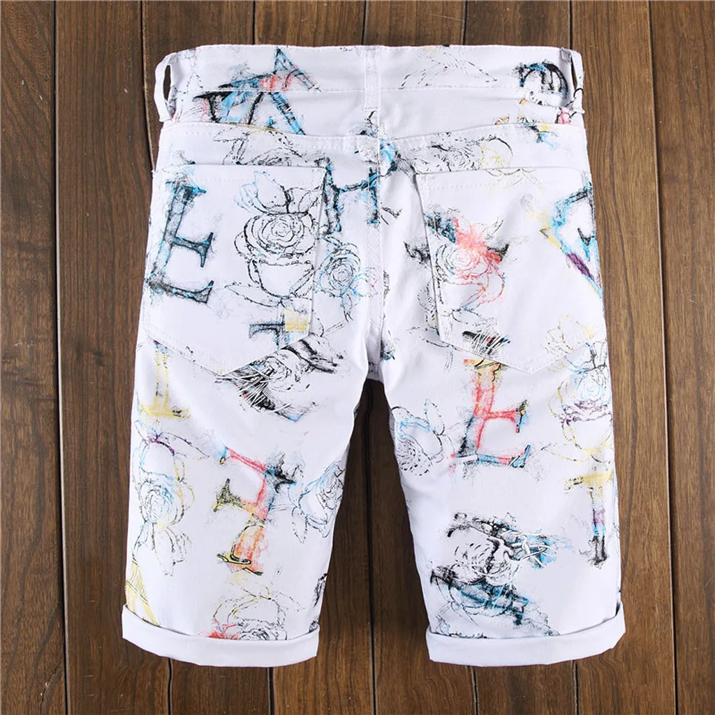 Men Slim Rose Floral Print White Demin Short Casual Jean Male Personality Knee Length Cotton Trouser Bermuda Homme 3# | Мужская одежда