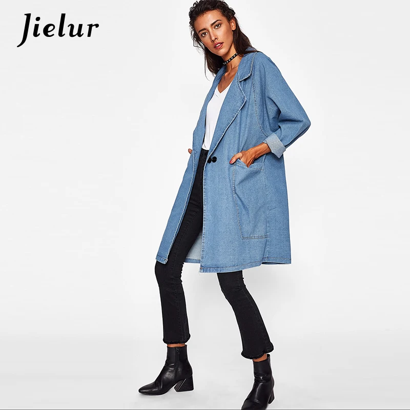 Jielur Autumn Winter Turn-down Collar Big Pocket Trench Coat Single Button Loose Long Overcoat Denim Coat for Women Windbreaker
Jielur Autumn Winter Turn-down Collar Big Pocket Trench Coat Single Button Loose Long Overcoat Denim Coat for Women Windbreaker