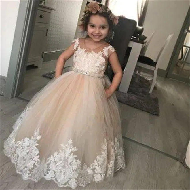 

Champagne Ball Gown Flower Girl Dresses For Wedding Sheer Jewel Neck Kids First Communion Gowns Birthday Dress with Bow