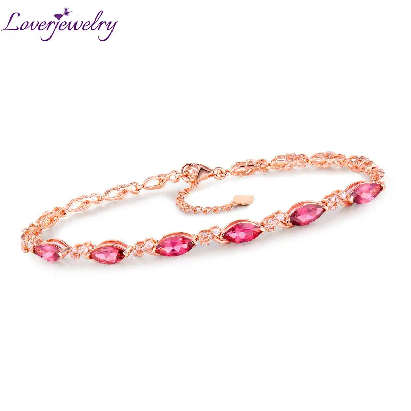 

LOVERJEWELRY Lady Natural Pink Tourmaline Wedding Bracelets Solid 18KT Rose Gold Gemstones Bracelet for Women Birthday Gifts