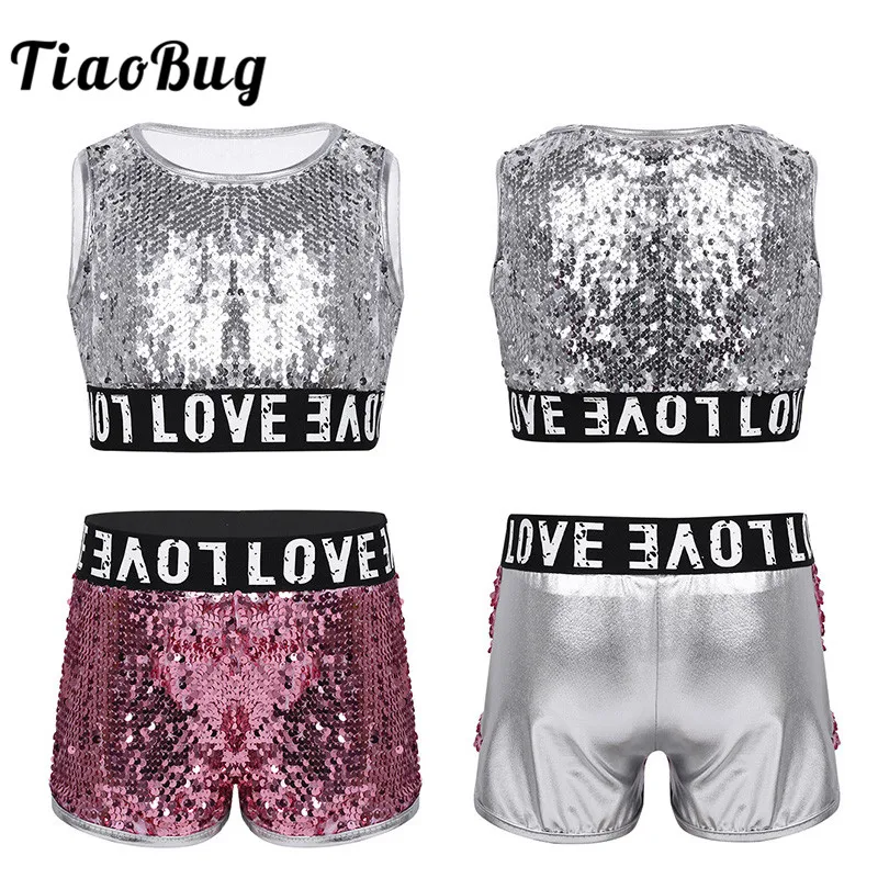 

TiaoBug Kids Teens Shiny Sequins Stage Hip-hop Jazz Dance Costume Girls Sleeveless Crop Top with Shorts Child Street Dancing Set