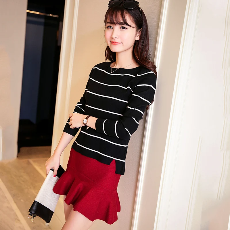 2019 Spring autumn striped sweater female loose long-sleeved One word collar Knit pullover sweater female cc298
2019 Spring autumn striped sweater female loose long-sleeved One word collar Knit pullover sweater female cc298