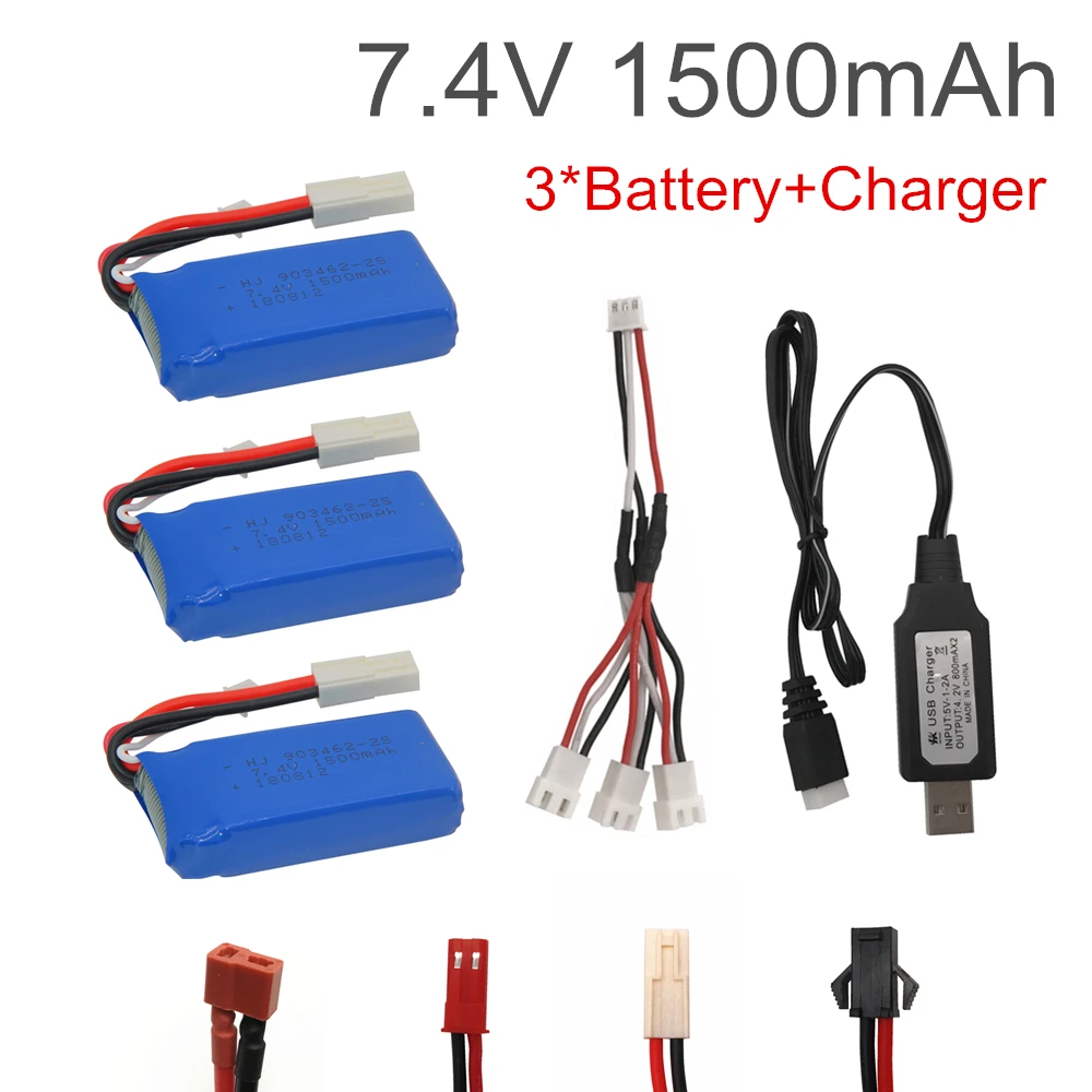 

7.4V 1500mAh Lipo battery With USB Charger For FT009 RC Boat 12428 144001 battery Lipo 2S 7.4 V 1500 mah 903462 2S JST SM T PLUG