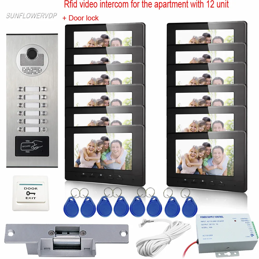 Домашний видеодомофон с Rfid-картой 12 кнопок цветным монитором 7 дюймов