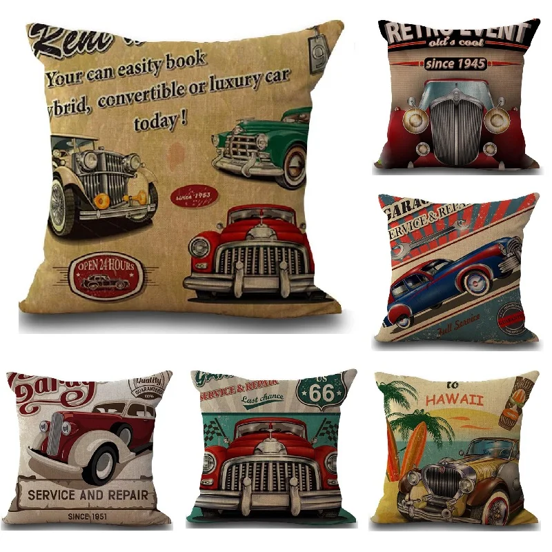 

Vintage Classic Car Linen Cotton Cushion Cover Throw Pillows Car Sofa Case Decorative Pillowcase almofadas decorativos cojines